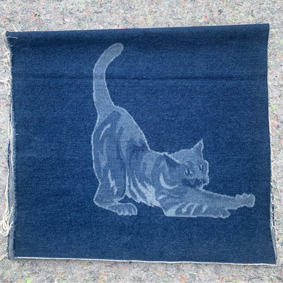 Insane Vintage 80s 90s High End Stretching Cat Printed Blue Denim Fabric Sewing - Picture 7 of 15